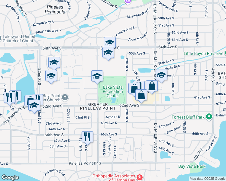 map of restaurants, bars, coffee shops, grocery stores, and more near 1401 62nd Avenue South in St. Petersburg