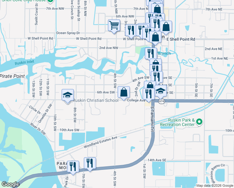 map of restaurants, bars, coffee shops, grocery stores, and more near 220 6th Avenue Southwest in Ruskin