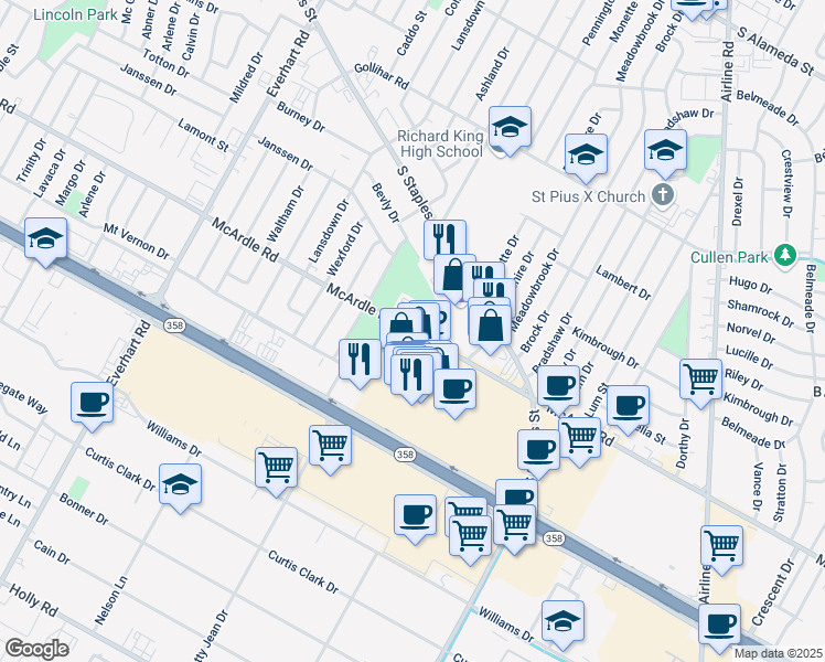 map of restaurants, bars, coffee shops, grocery stores, and more near 5201 McArdle Road in Corpus Christi