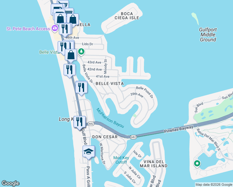 map of restaurants, bars, coffee shops, grocery stores, and more near 3919 Belle Vista Drive East in St. Pete Beach