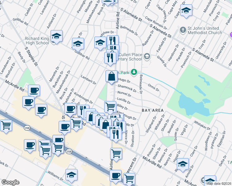 map of restaurants, bars, coffee shops, grocery stores, and more near 5801 Norvel Drive in Corpus Christi