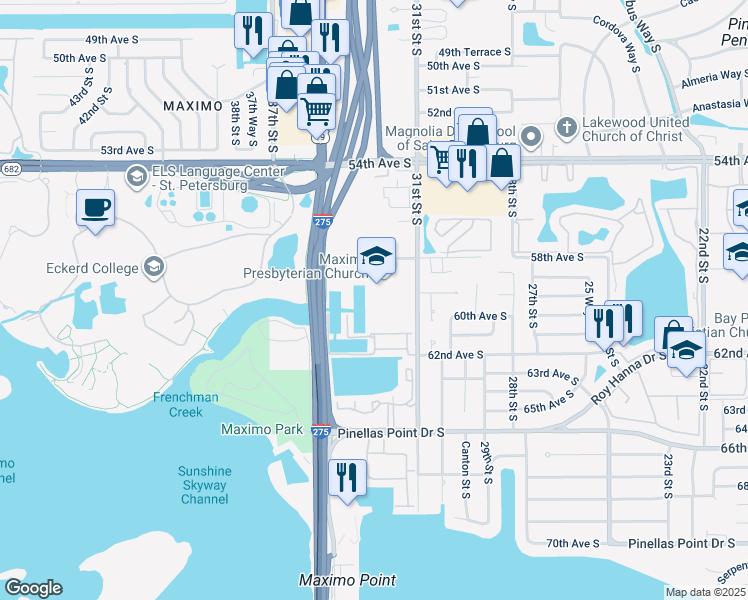 map of restaurants, bars, coffee shops, grocery stores, and more near 5906 Anchorage Way South in St. Petersburg