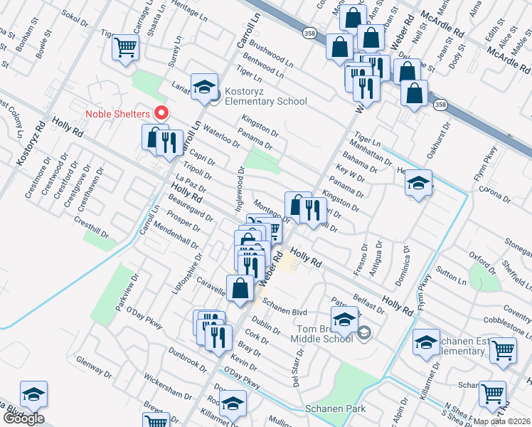 map of restaurants, bars, coffee shops, grocery stores, and more near 29 Montego Drive in Corpus Christi