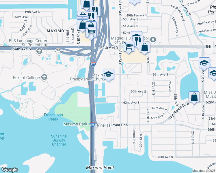 map of restaurants, bars, coffee shops, grocery stores, and more near 5906 Anchorage Way South in St. Petersburg