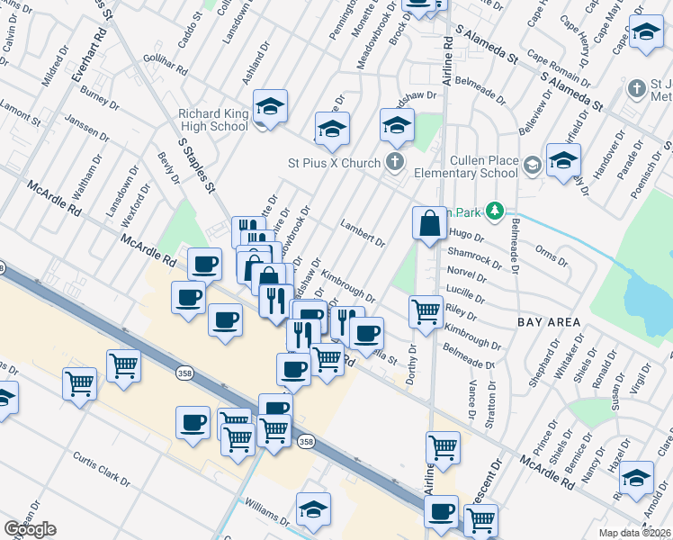 map of restaurants, bars, coffee shops, grocery stores, and more near 1034 Salem Drive in Corpus Christi