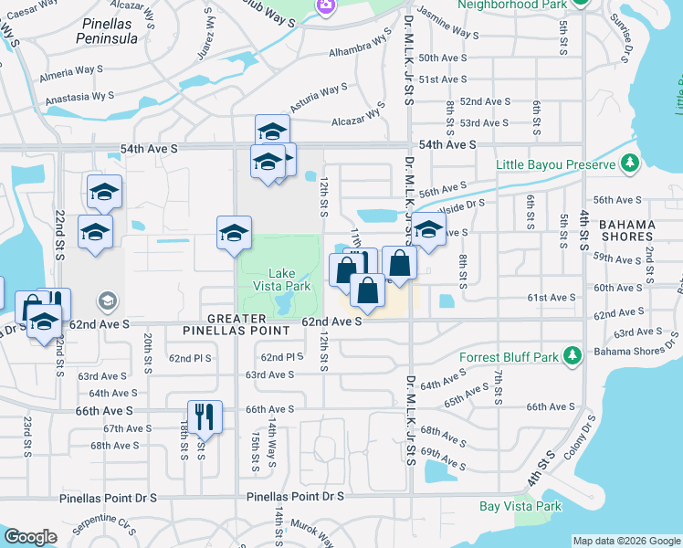 map of restaurants, bars, coffee shops, grocery stores, and more near 1195 60th Avenue South in St. Petersburg