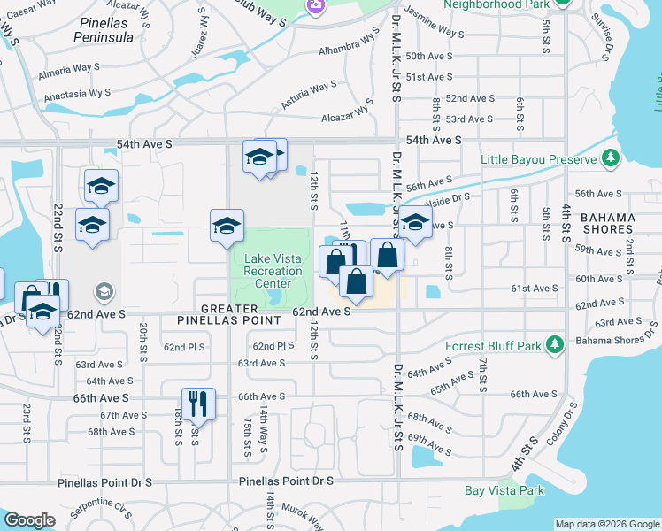 map of restaurants, bars, coffee shops, grocery stores, and more near 1163 60th Avenue South in St. Petersburg
