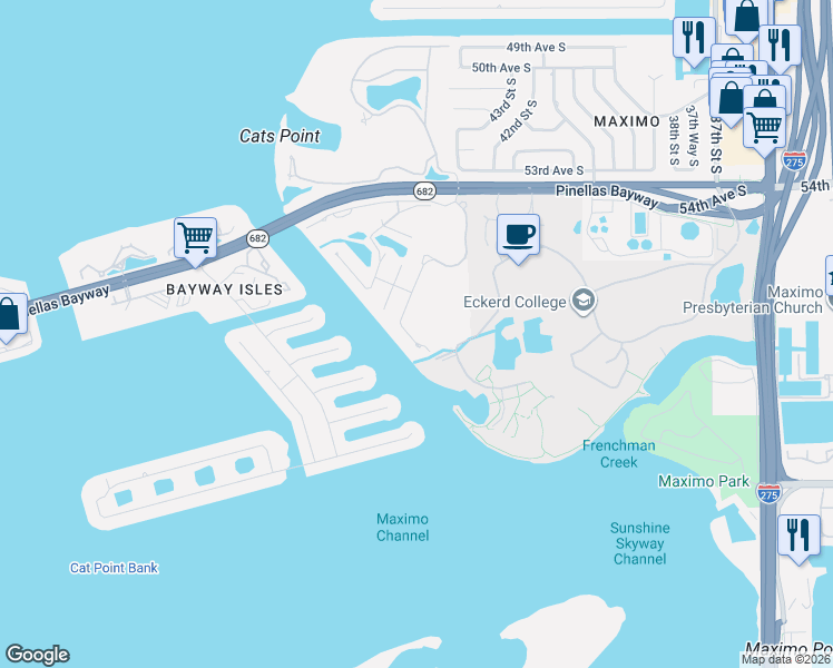 map of restaurants, bars, coffee shops, grocery stores, and more near 40 Bayview Court in St. Petersburg