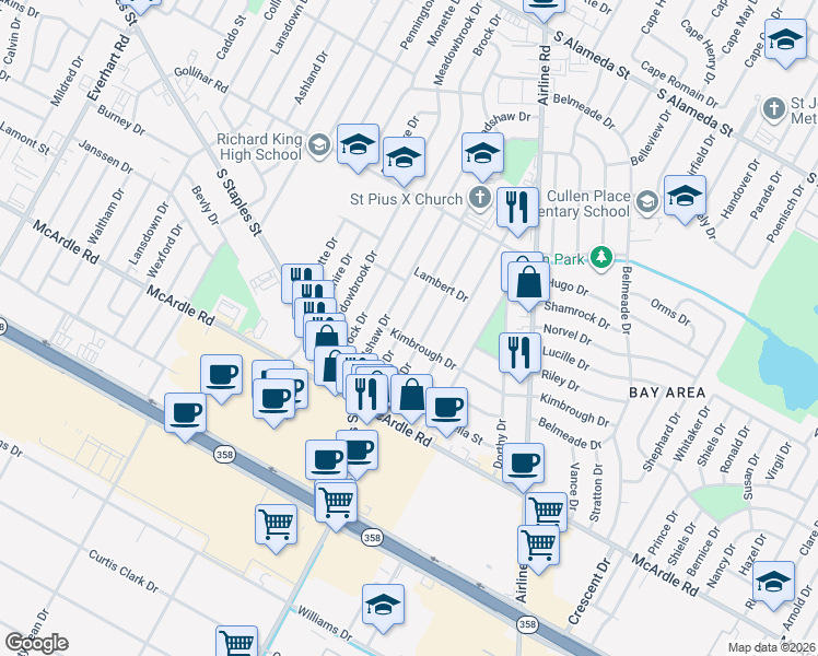 map of restaurants, bars, coffee shops, grocery stores, and more near 1034 Salem Drive in Corpus Christi