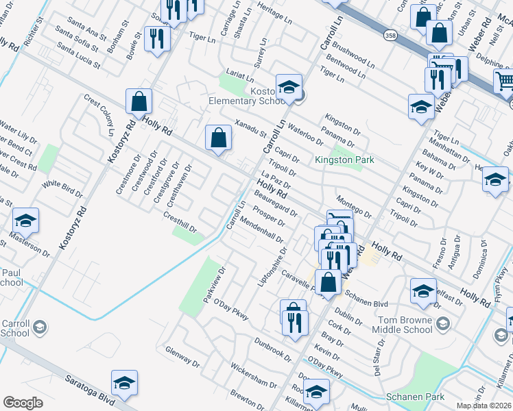 map of restaurants, bars, coffee shops, grocery stores, and more near 3613 Prosper Drive in Corpus Christi