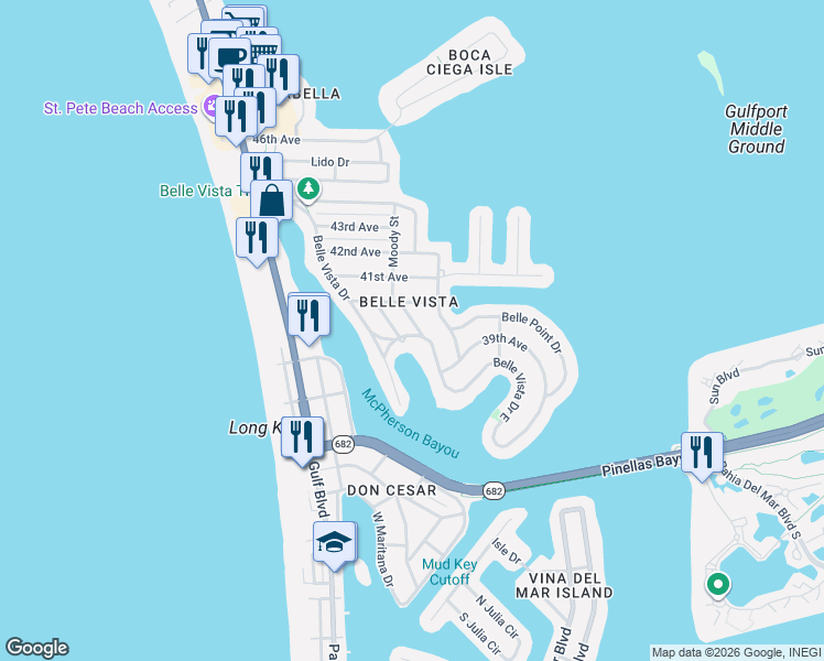 map of restaurants, bars, coffee shops, grocery stores, and more near 3919 Belle Vista Drive East in St. Pete Beach
