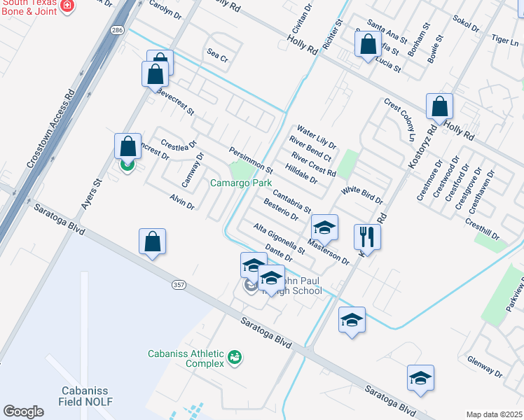 map of restaurants, bars, coffee shops, grocery stores, and more near 2925 Masterson Drive in Corpus Christi