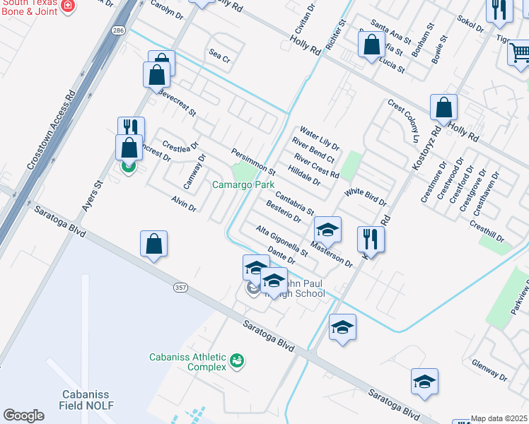 map of restaurants, bars, coffee shops, grocery stores, and more near 2925 Masterson Drive in Corpus Christi