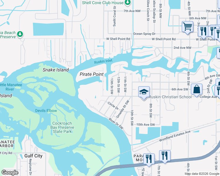 map of restaurants, bars, coffee shops, grocery stores, and more near 405 13th Street Southwest in Ruskin