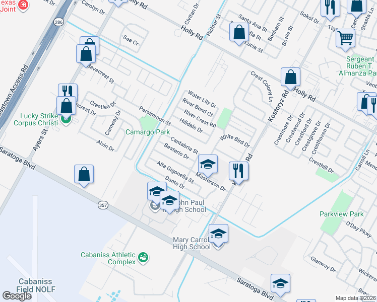 map of restaurants, bars, coffee shops, grocery stores, and more near 3013 Besterio Drive in Corpus Christi