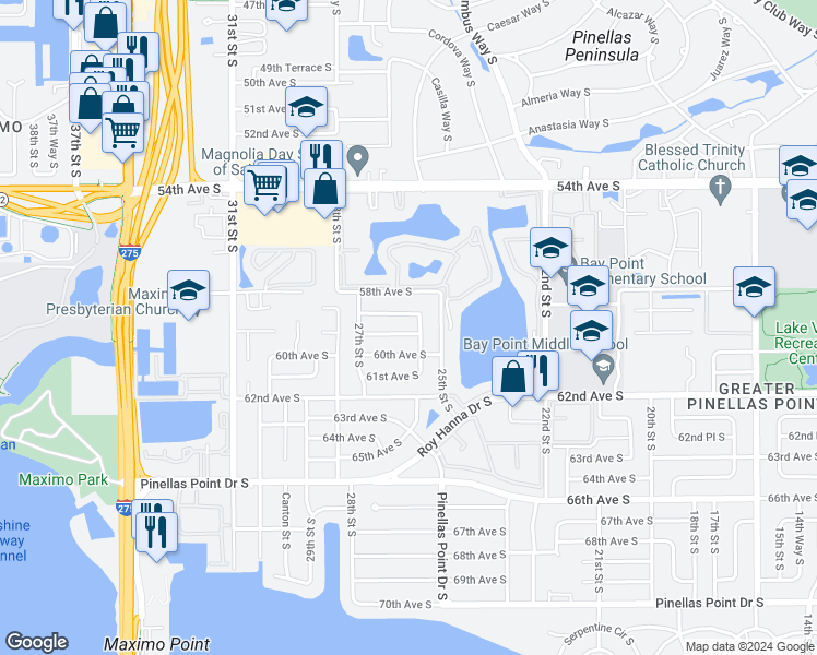 map of restaurants, bars, coffee shops, grocery stores, and more near 2557 59th Avenue South in Saint Petersburg