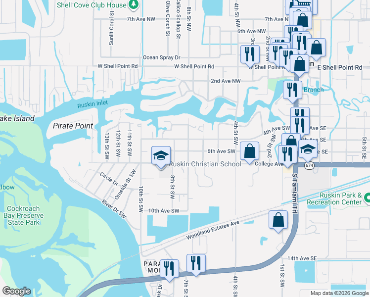 map of restaurants, bars, coffee shops, grocery stores, and more near 407 7th Street Southwest in Ruskin