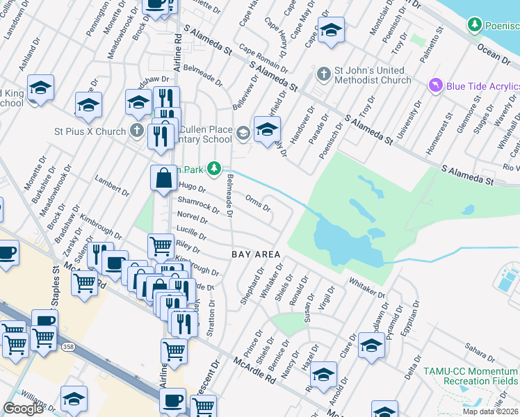 map of restaurants, bars, coffee shops, grocery stores, and more near 6029 Hugo Drive in Corpus Christi