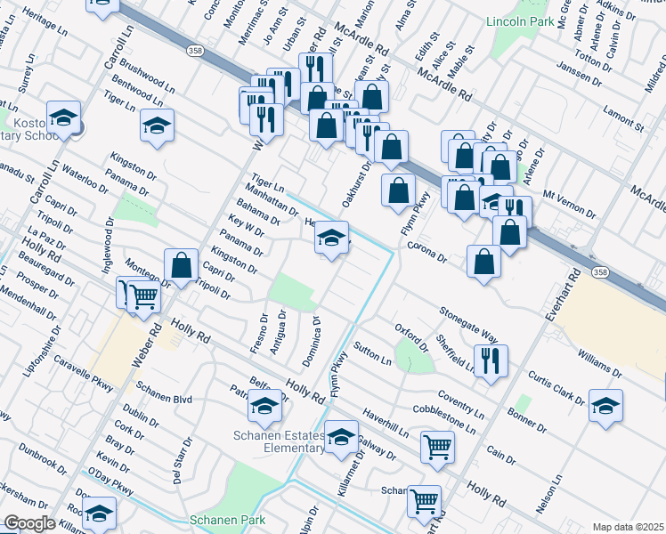 map of restaurants, bars, coffee shops, grocery stores, and more near 5414 Tripoli Drive in Corpus Christi