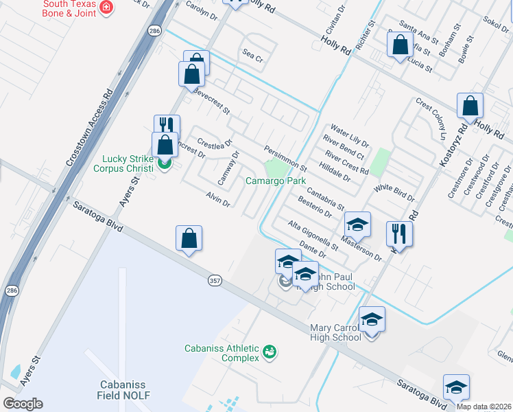 map of restaurants, bars, coffee shops, grocery stores, and more near 2798 Allencrest Drive in Corpus Christi