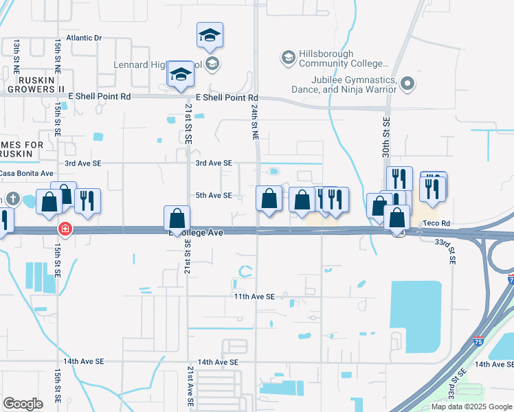 map of restaurants, bars, coffee shops, grocery stores, and more near 551 24th Street Southeast in Ruskin