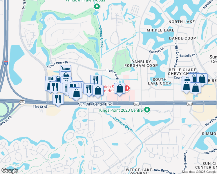 map of restaurants, bars, coffee shops, grocery stores, and more near 3910 Galen Court in Sun City Center