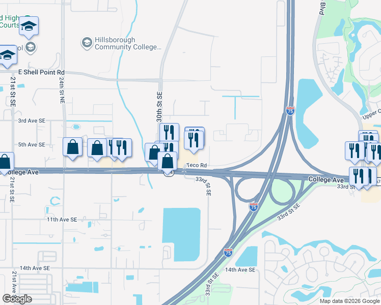 map of restaurants, bars, coffee shops, grocery stores, and more near 100 Teco Road in Ruskin