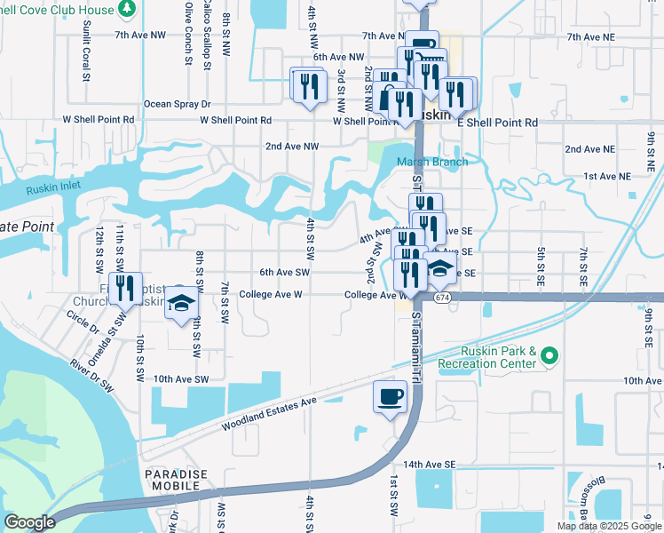map of restaurants, bars, coffee shops, grocery stores, and more near 214 6th Avenue Southwest in Ruskin