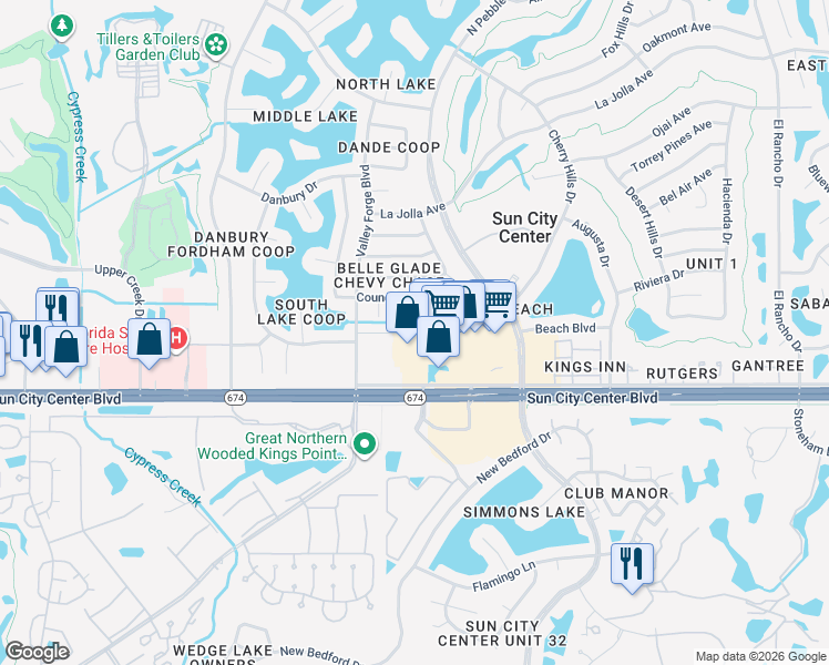 map of restaurants, bars, coffee shops, grocery stores, and more near 1645 Sun City Center Plaza in Sun City Center