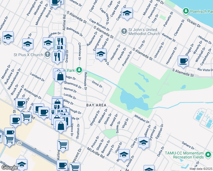 map of restaurants, bars, coffee shops, grocery stores, and more near 821 Adel Drive in Corpus Christi