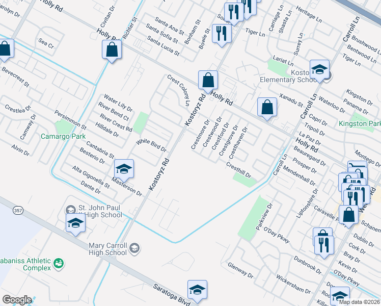 map of restaurants, bars, coffee shops, grocery stores, and more near 3305 Cresthill Drive in Corpus Christi