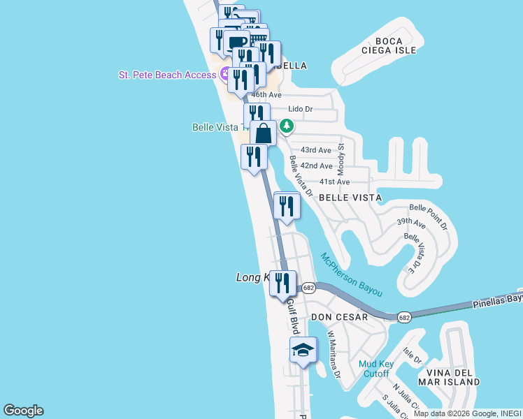 map of restaurants, bars, coffee shops, grocery stores, and more near 3820 Gulf Boulevard in St. Pete Beach