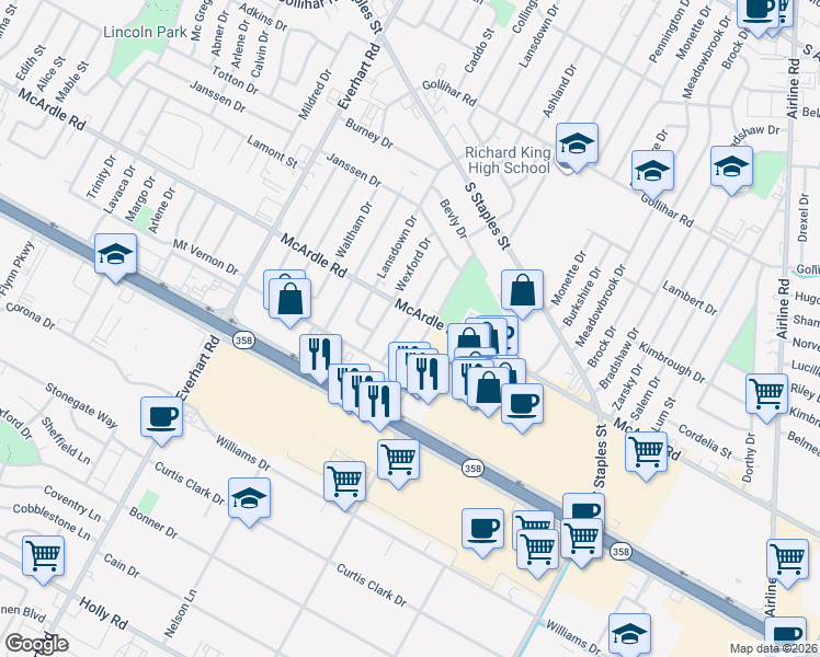 map of restaurants, bars, coffee shops, grocery stores, and more near 4914 Andover Drive in Corpus Christi