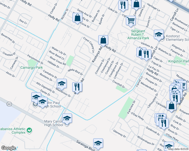map of restaurants, bars, coffee shops, grocery stores, and more near 3305 Cresthill Drive in Corpus Christi