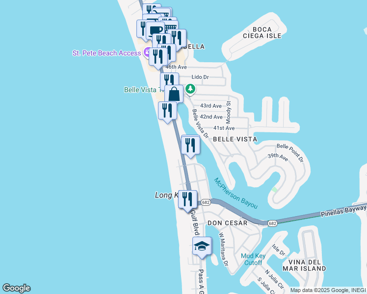 map of restaurants, bars, coffee shops, grocery stores, and more near 3813 Gulf Boulevard in Saint Pete Beach