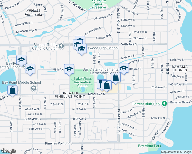 map of restaurants, bars, coffee shops, grocery stores, and more near 1195 60th Avenue South in St. Petersburg