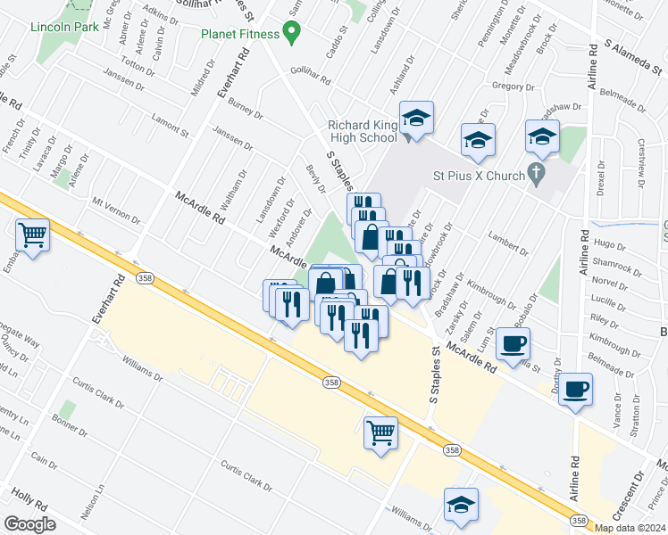 map of restaurants, bars, coffee shops, grocery stores, and more near 5201 McArdle Road in Corpus Christi