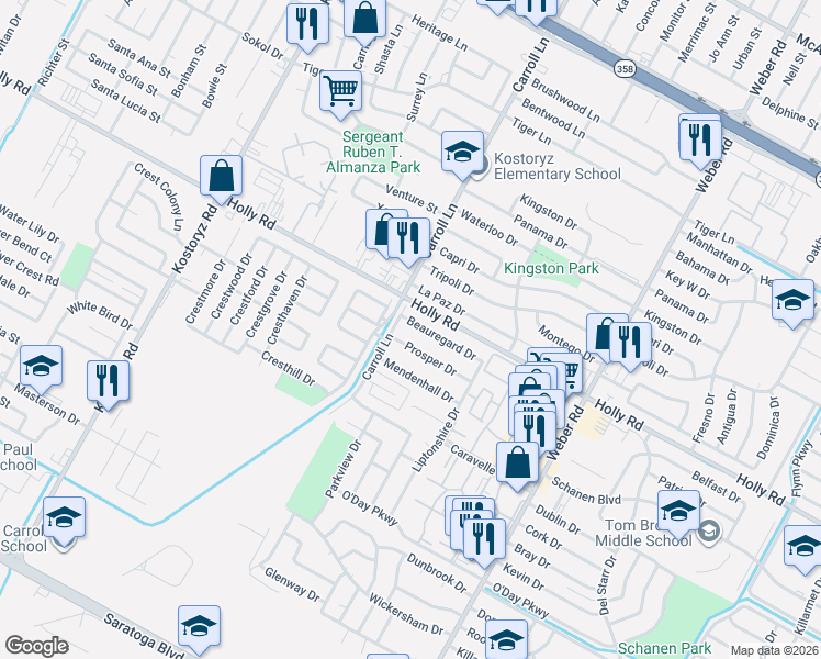 map of restaurants, bars, coffee shops, grocery stores, and more near 3613 Prosper Drive in Corpus Christi