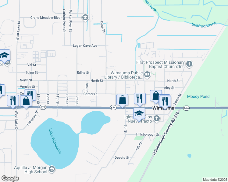 map of restaurants, bars, coffee shops, grocery stores, and more near 602 Sheffield Street in Wimauma