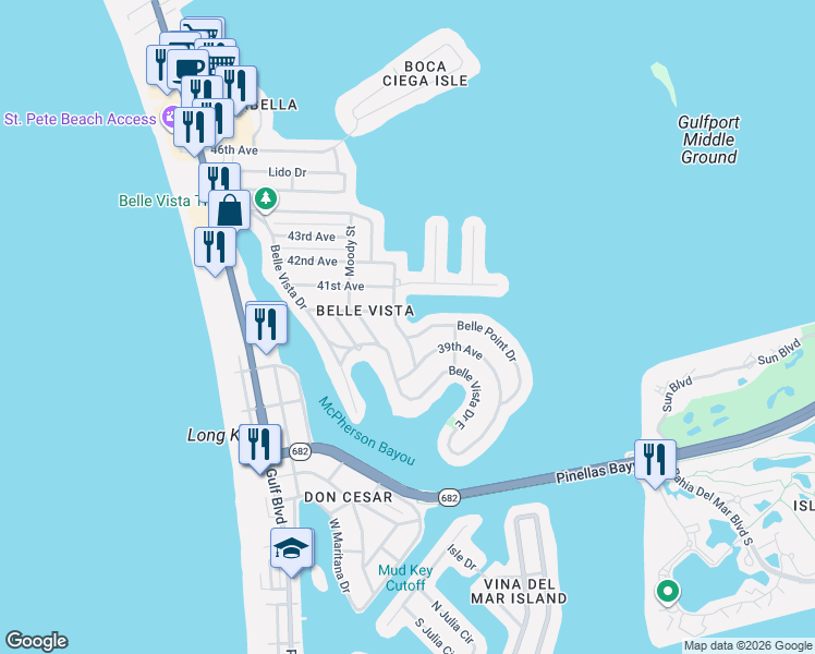 map of restaurants, bars, coffee shops, grocery stores, and more near 3945 Poinsettia Drive in St. Pete Beach