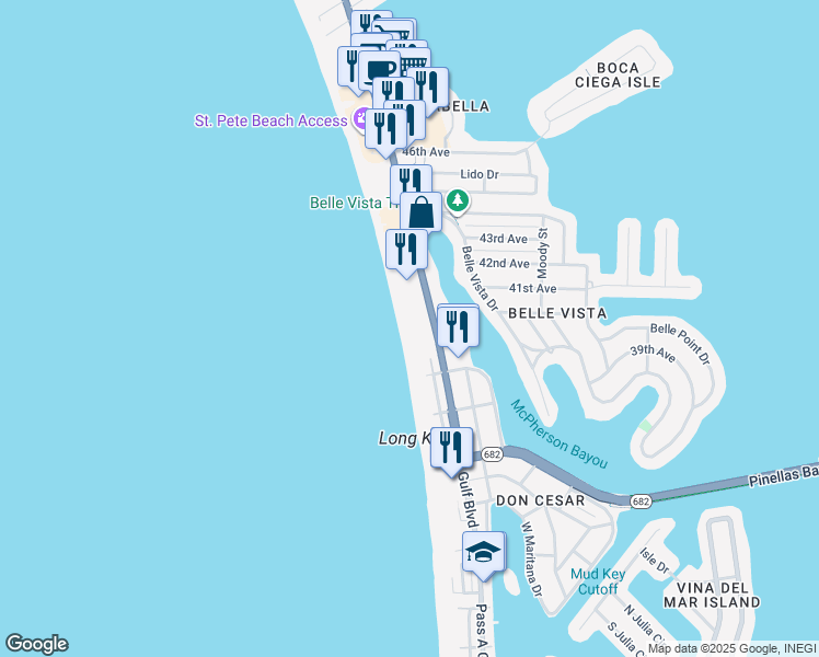 map of restaurants, bars, coffee shops, grocery stores, and more near 3804 Gulf Boulevard in St. Pete Beach
