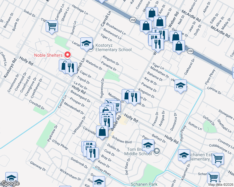 map of restaurants, bars, coffee shops, grocery stores, and more near 29 Montego Drive in Corpus Christi