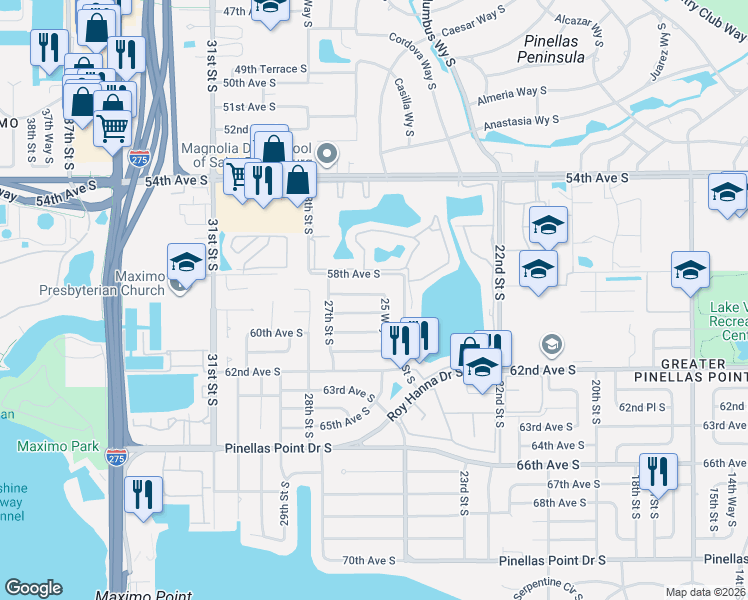 map of restaurants, bars, coffee shops, grocery stores, and more near 2550 59th Avenue South in St. Petersburg