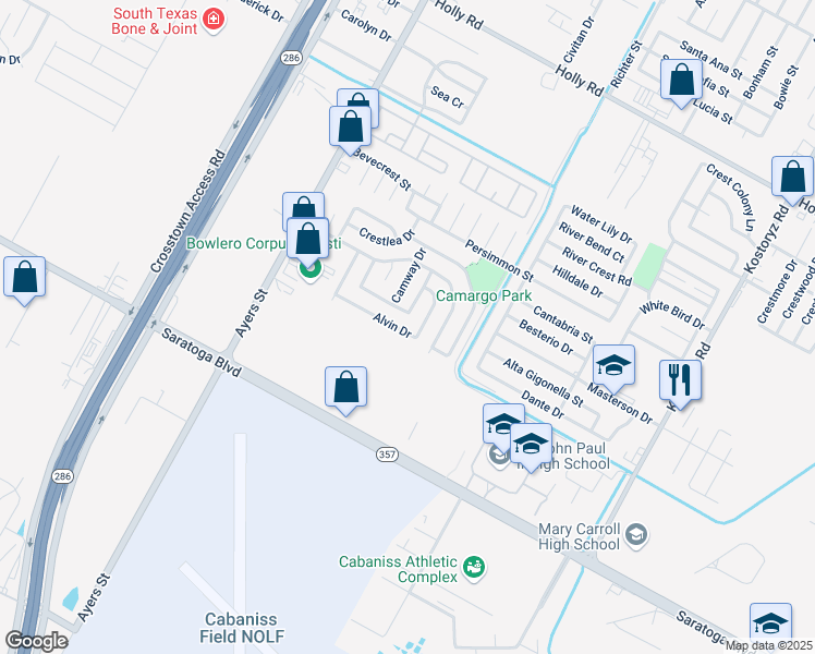 map of restaurants, bars, coffee shops, grocery stores, and more near 2746 Alvin Drive in Corpus Christi
