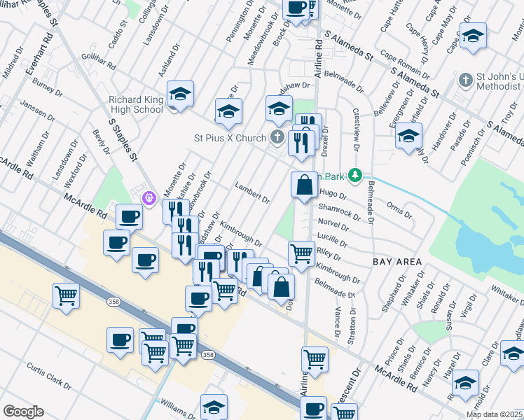 map of restaurants, bars, coffee shops, grocery stores, and more near 1026 Lum Street in Corpus Christi