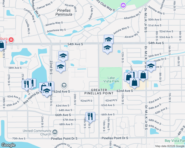 map of restaurants, bars, coffee shops, grocery stores, and more near 1681 60th Avenue South in St. Petersburg