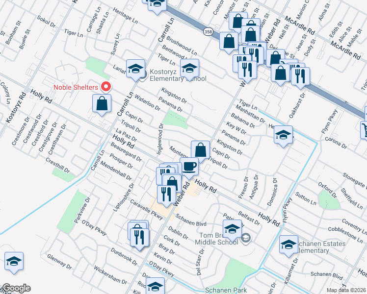 map of restaurants, bars, coffee shops, grocery stores, and more near 29 Montego Drive in Corpus Christi