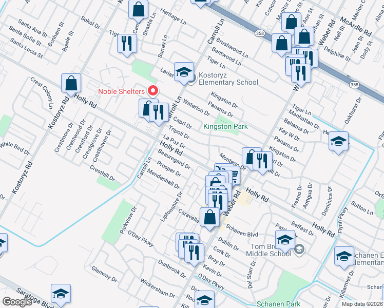 map of restaurants, bars, coffee shops, grocery stores, and more near 3734 Beauregard Drive in Corpus Christi