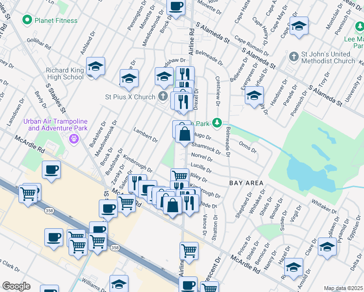 map of restaurants, bars, coffee shops, grocery stores, and more near 5801 Hugo Drive in Corpus Christi