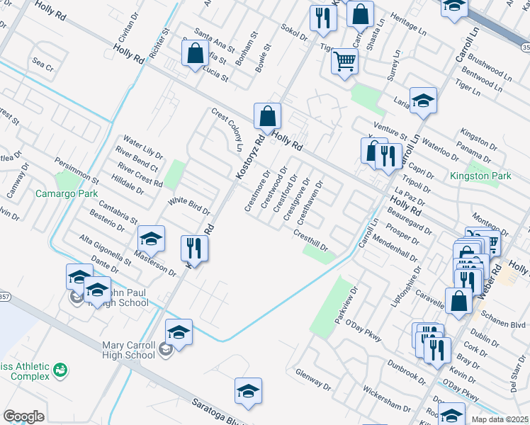 map of restaurants, bars, coffee shops, grocery stores, and more near 5833 Crestwood Drive in Corpus Christi